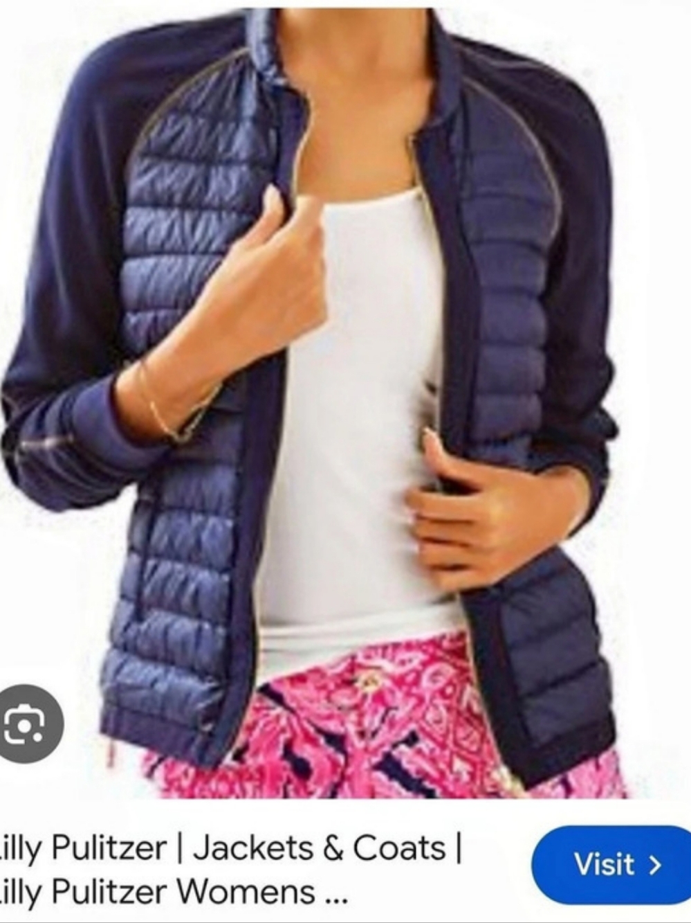 Lilly Pulitzer Doria Jacket Quilted Puffer in Navy Blue with Gold Accents Size S